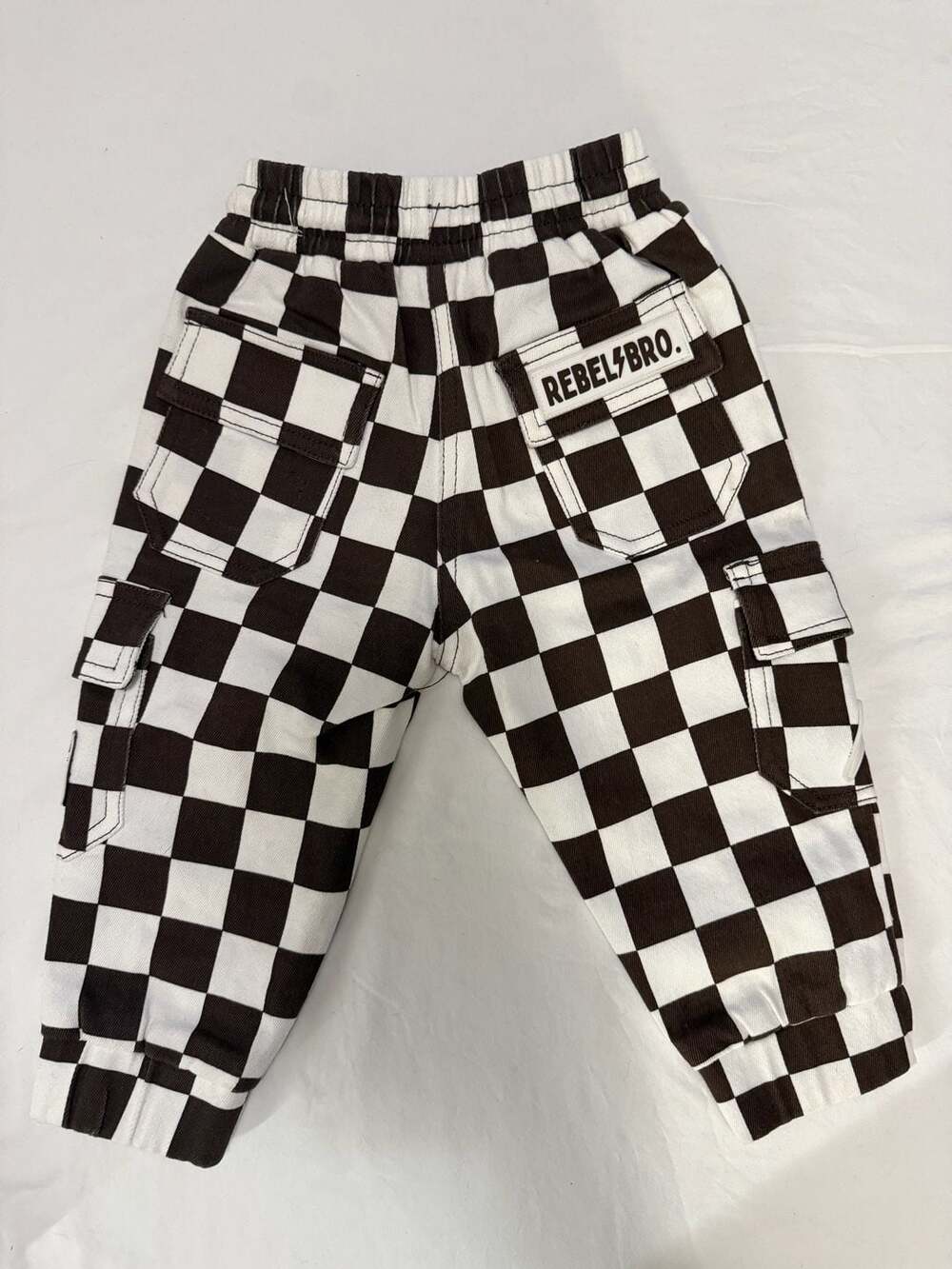 Rebel Bro Cargo Jogger Pants in chocolate and White Checkerboard